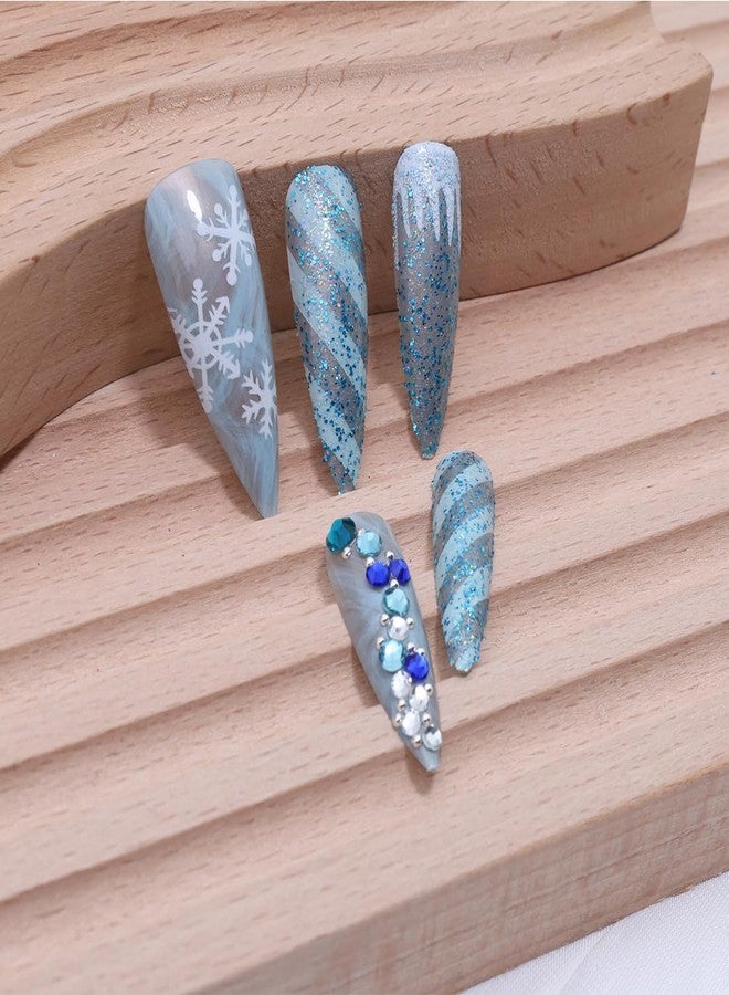 LRKNNO Christmas Press on Nails Medium Almond Fake Nails Blue Snowflake False Nails with 3D Rhinestones Designs Glitter Winter Glue on Nails Full Cover Acrylic Artificial Nail for Women DIY Manicure 24 Pcs - Image 5